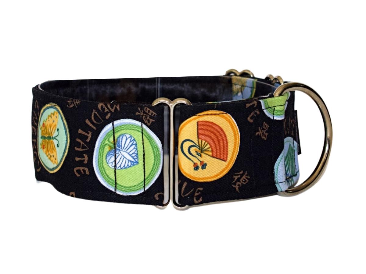 Your downward dog will dig this chill ensemble, with tranquil sentiments and soothing greens, yellows, and blues. Available in 1.5 and 2-inch widths and as a buckle or martingale collar.