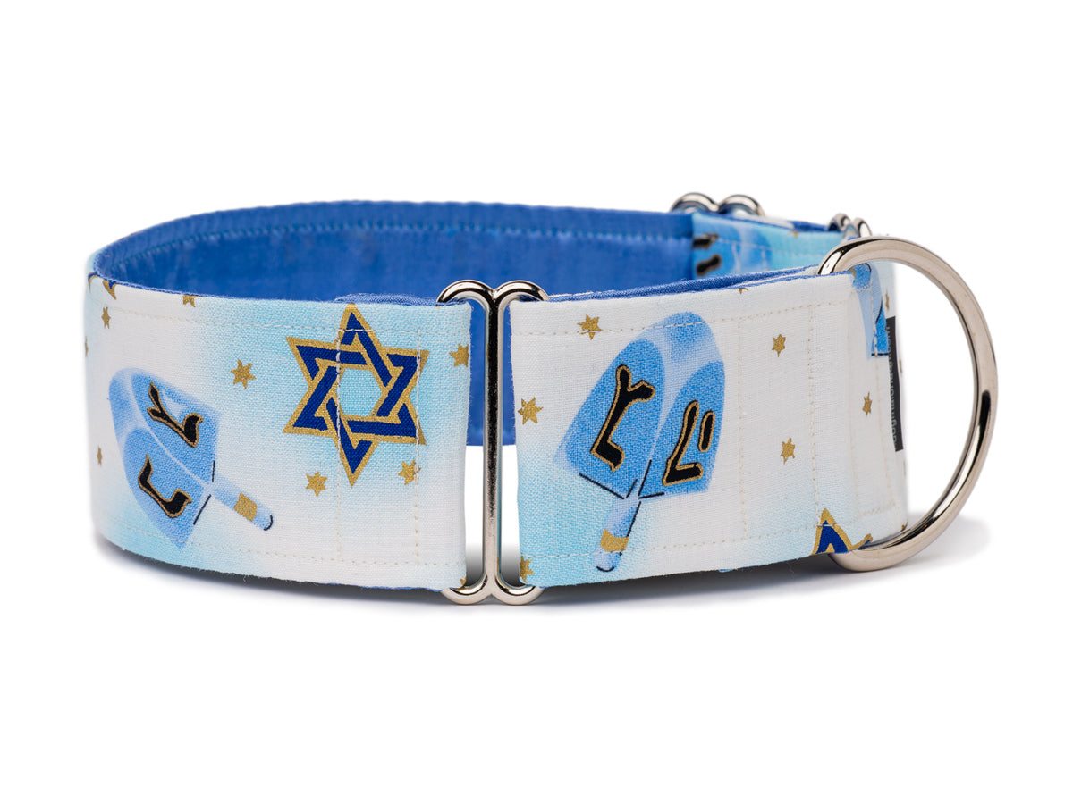 Pretty blue dreidels and stars make the perfect Hanukkah ensemble for the holiday-loving hound.
