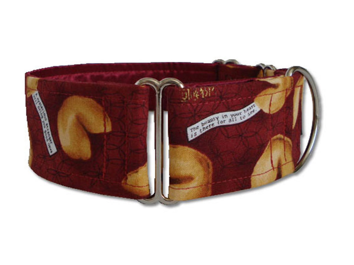 The golden fortune cookies on this rich burgundy collar say your pooch is one lucky dog!