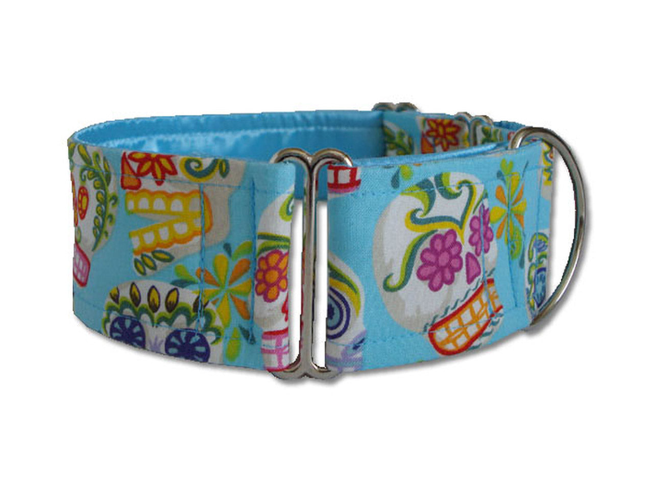 Colorful sugar skulls on aqua are the perfect accessory for Dia de los Muertos or any day your pooch wants to show some funky style!