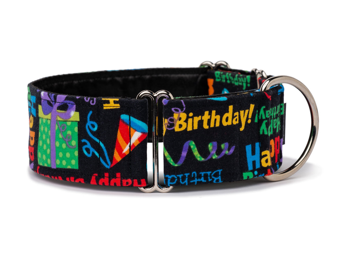 Perfect attire for your pup's special day, this colorful birthday collar says it's party time!