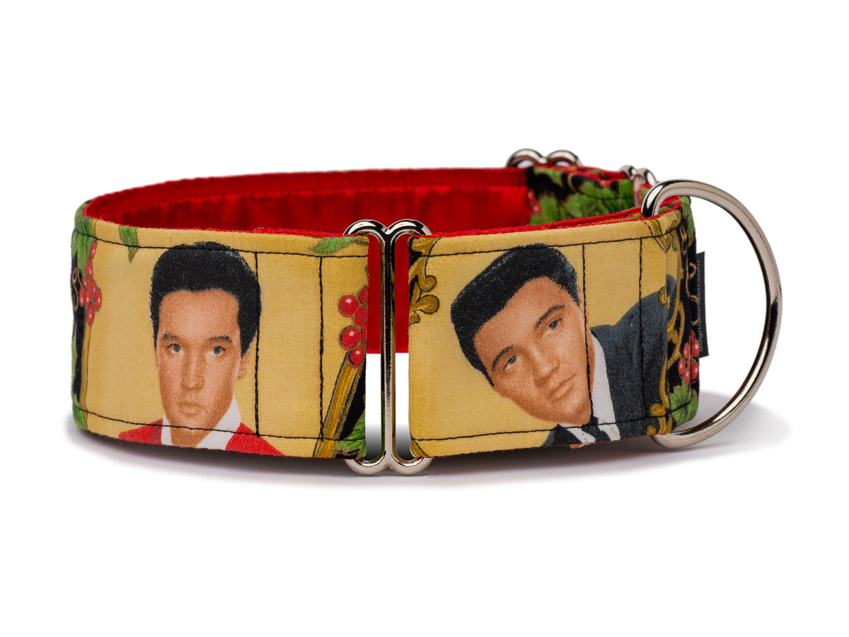 Your hound dog will have a blue Christmas without this Elvis-themed holiday collar. Festive green holly, red berries, and Elvis say Merry Christmas, Baby!