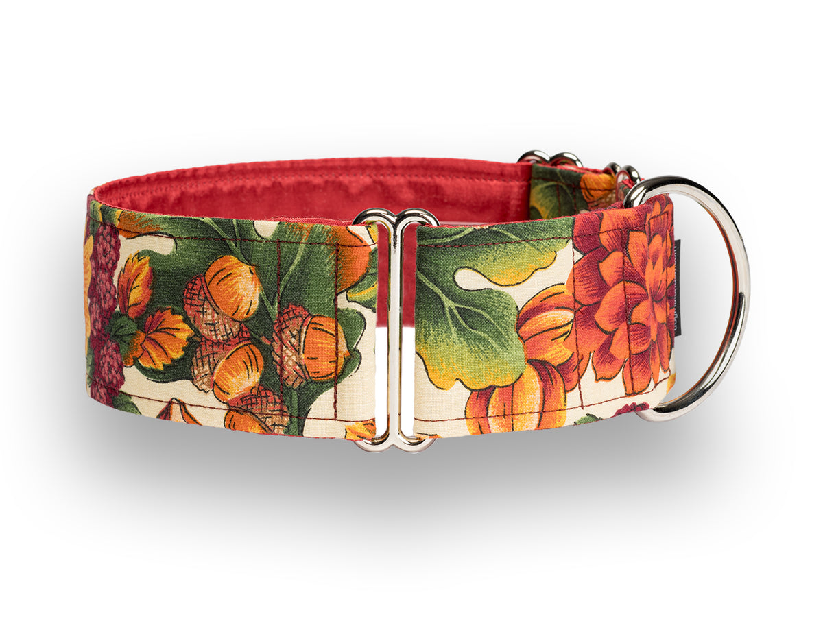 Perfect for a fancy Thanksgiving feast or a walk through the Fall leaves, this Autumn-themed collar adds seasonal flair to any pup's wardrobe! Available in 1.5 and 2-inch widths and as a buckle or martingale collar.