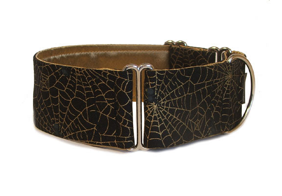Sure to give anyone the creeps, this black collar is covered in gold spider webs and black spiders just waiting to pounce! Spooky in any width, from 3/4 to 2 inches.