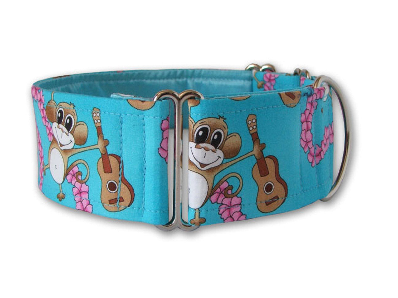 The cheerful ukulele-playing chimp on this bright blue collar will help your pup get his aloha on!