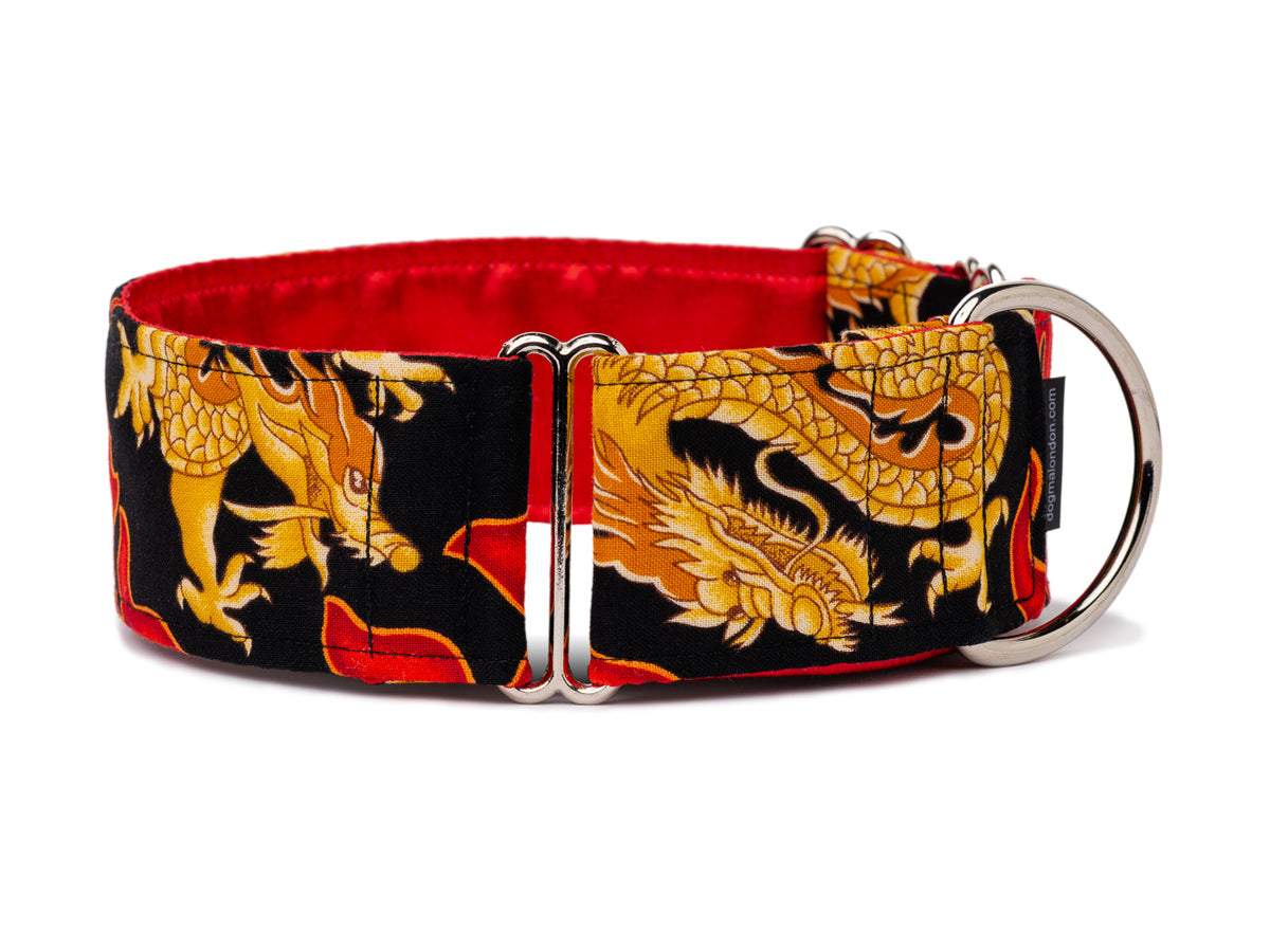 Classic Chinese dragons in gold breathe red flames across this cool black collar that any stylish pup will love!