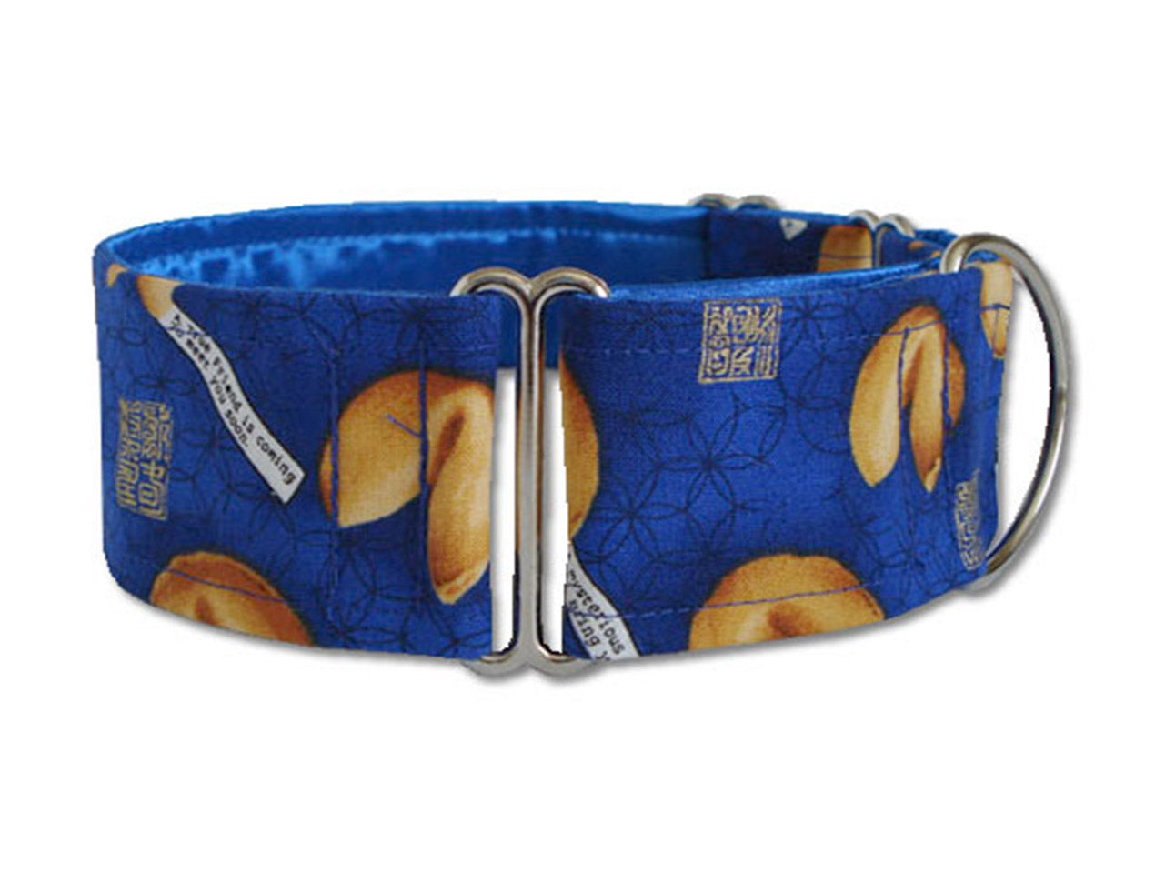 The golden fortune cookies on this bright blue collar say your pooch is one lucky dog!