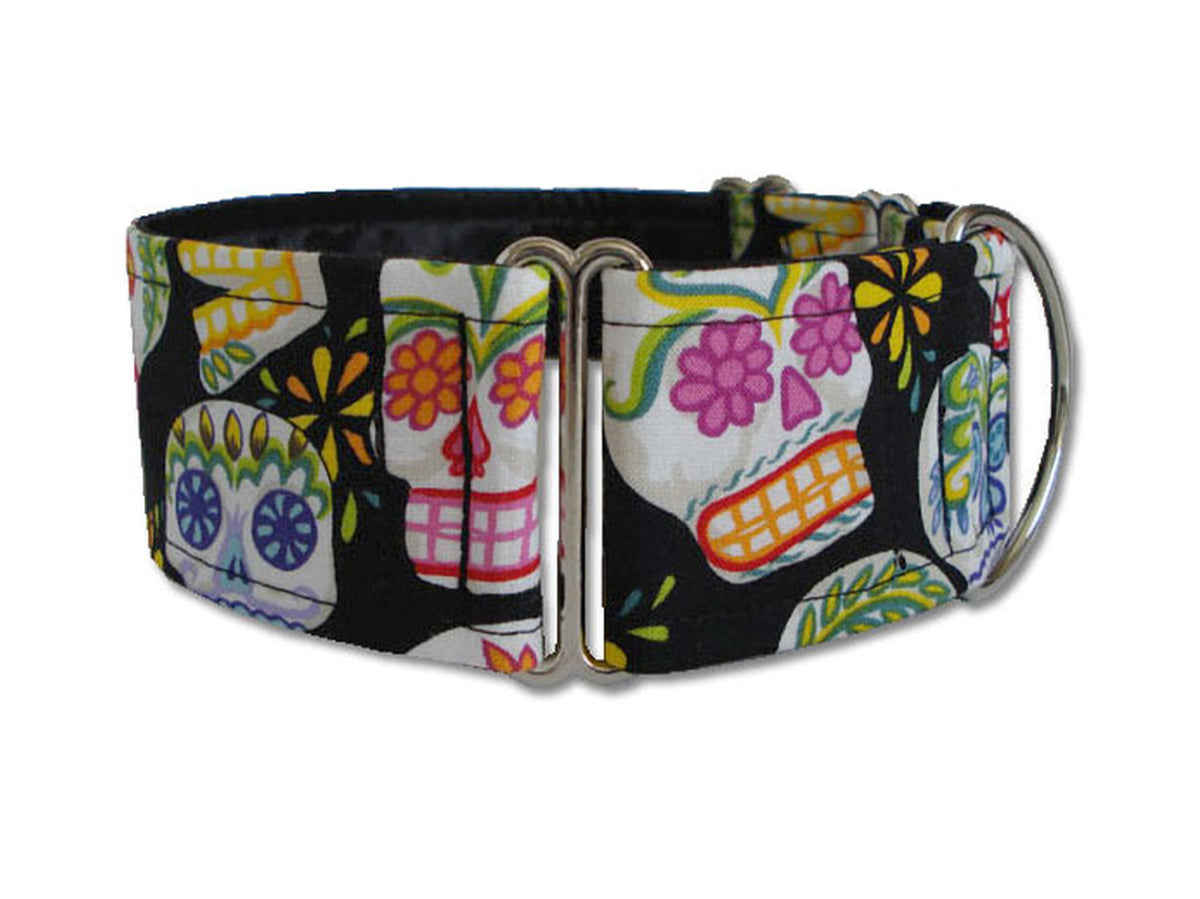 Colorful sugar skulls on black are the perfect accessory for Dia de los Muertos or any day your pooch wants to show some style! 