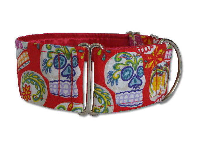 Colorful sugar skulls on red are the perfect accessory for Dia de los Muertos or any day your pooch wants to show some funky style!