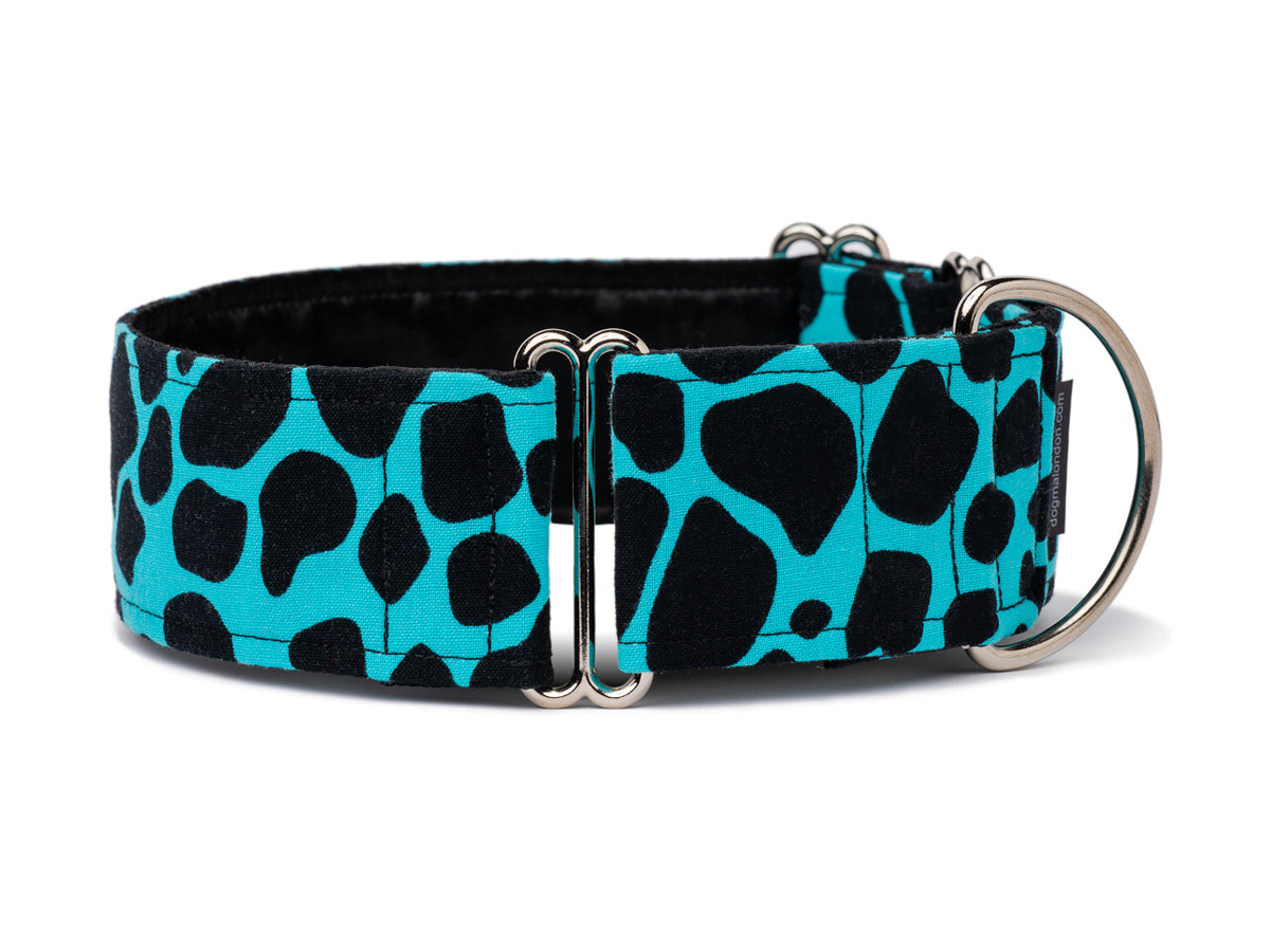 Giant cheetah spots on brilliant blue make the perfect accessory for your canine king of the jungle!