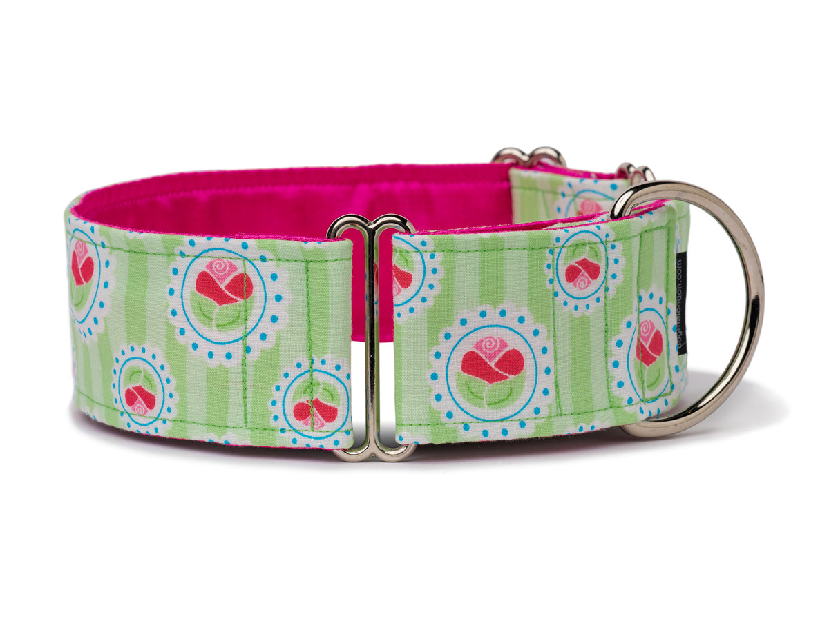 Super-sweet pink buds on soft green stripes show off the soft side of any pup's personality!