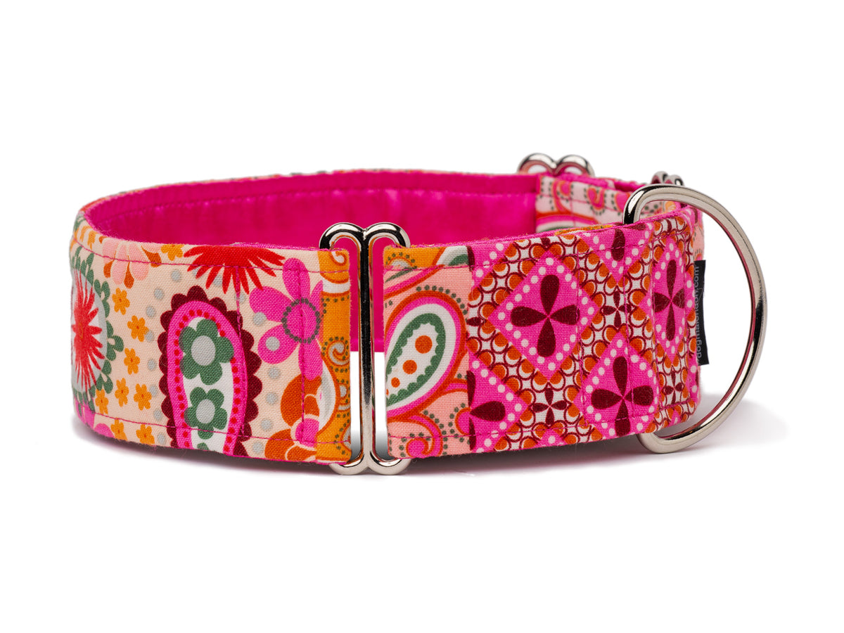 Your pup will be ready to party wearing these paisley patterns in cheerful shades of pink and orange!