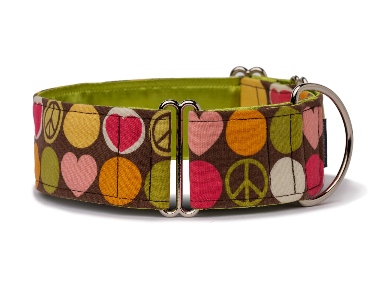 Mellow dots, hearts, and peace signs on warm brown are a groovy accessory for the peace-loving feel-good hound!