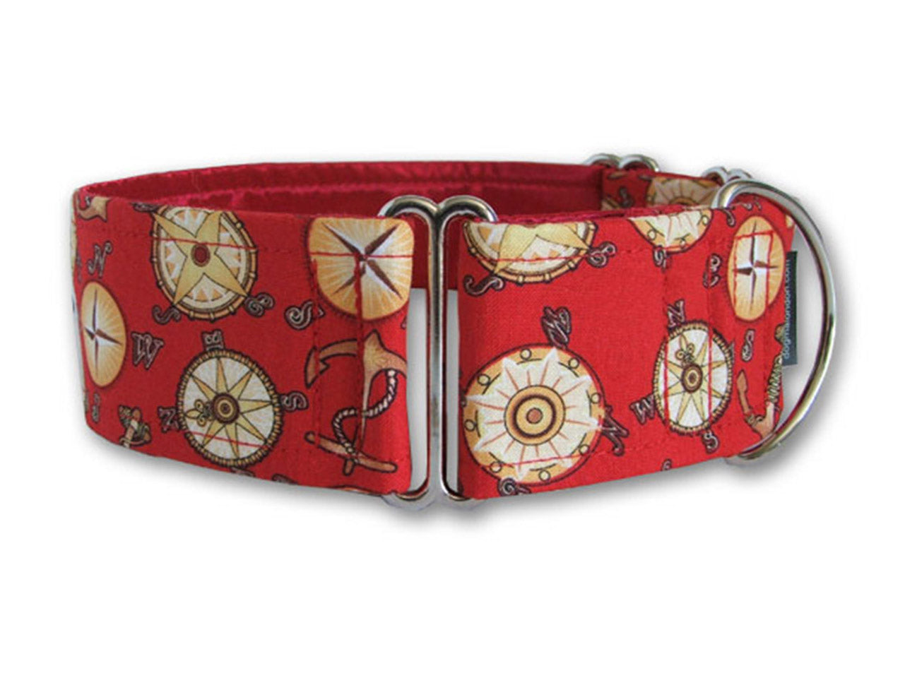 Rover will chart a course to his next adventure (or nap) in this stylish red nautical-themed collar!