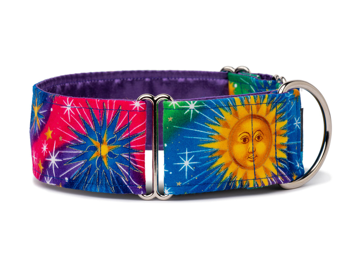 Your pup's personality will shine in this brilliantly colored collar sparkling with stars and suns!