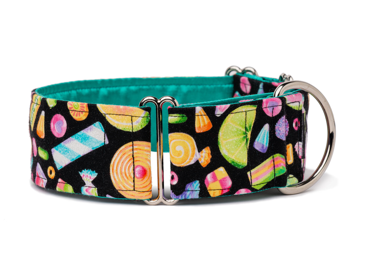 Colorful and retro candies on black are perfect for the sweetest pooch!