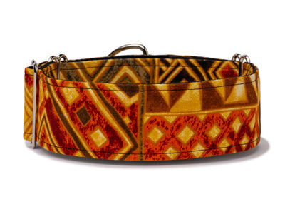 Geometric patterns in warm shades of orange, yellow, and brown highlight your pup's  exotic personality!
