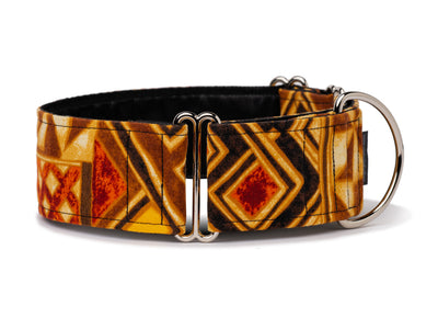 Geometric patterns in warm shades of orange, yellow, and brown highlight your pup's  exotic personality!