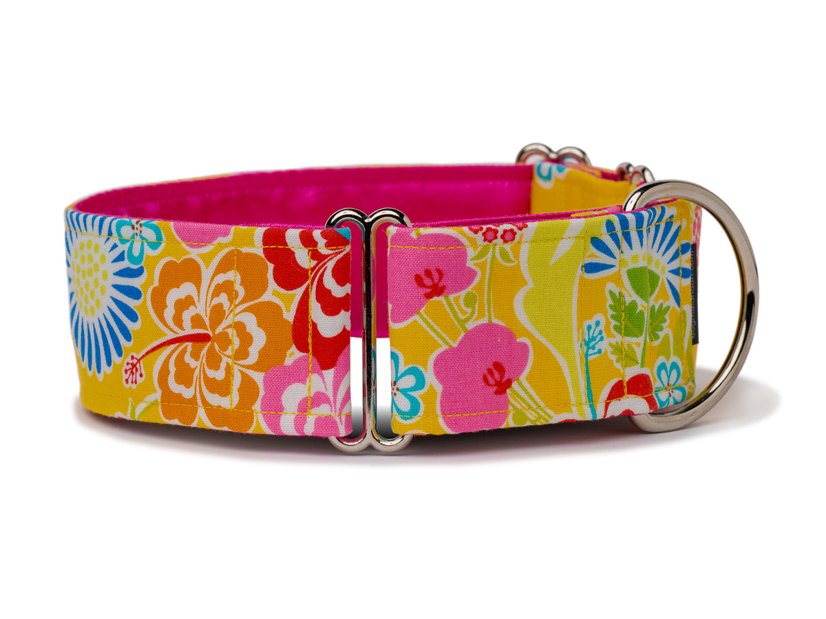 Tropical flowers in bright shades of yellow, pink, and blue will have any pup ready for a day at the beach or pool!