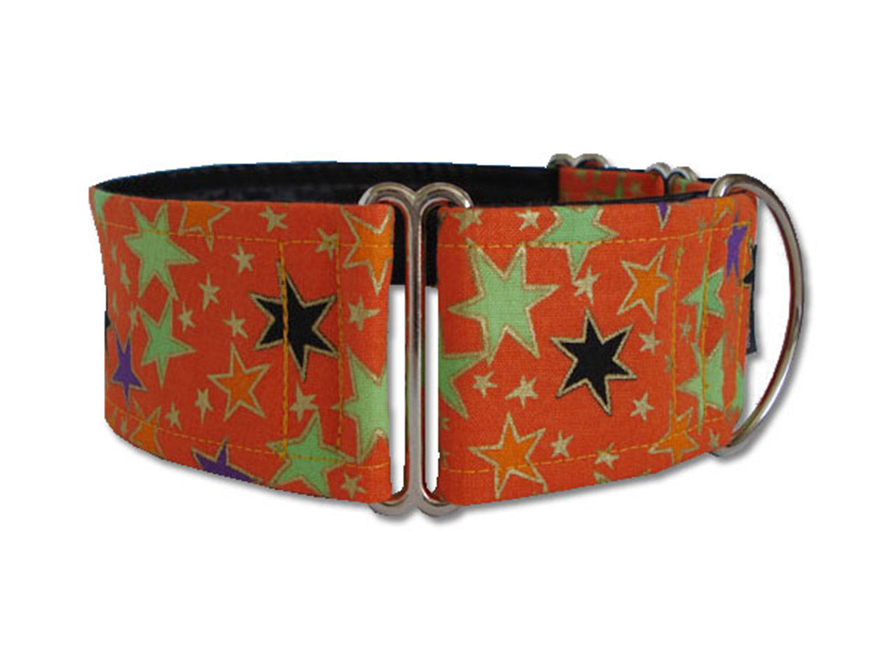 Orange, black, purple, and green stars sparkle on bright orange for a big Halloween statement! And fun anytime your pooch wants to shine!